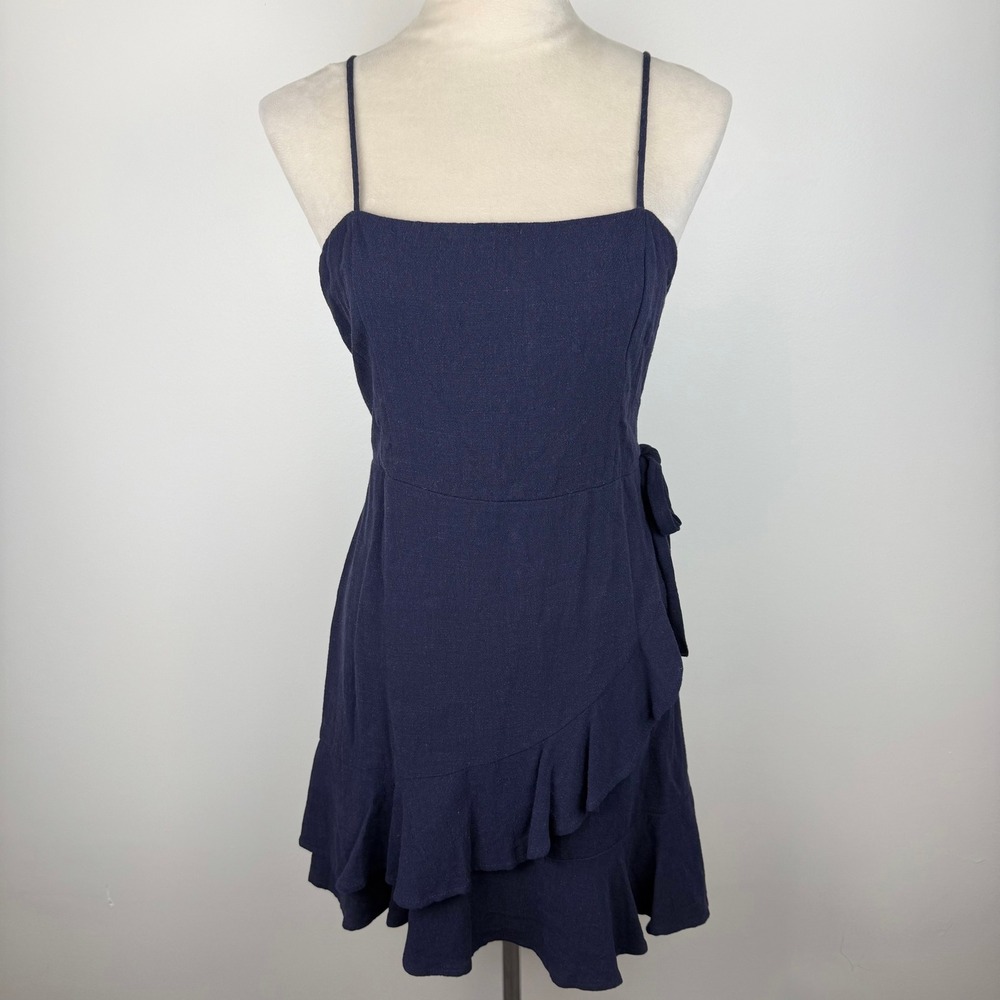 The Impeccable Pig Navy Blue Linen Blend Ruffle Boho Mini Dress Size Large